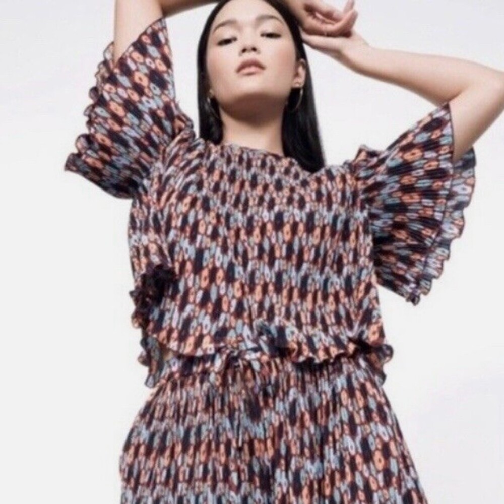 Wildfang Blouse Womens Multicolor Plisse Pleated Boxy Short Sleeve